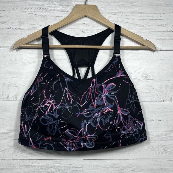 LIVI Sports Bra womens Size 44DD Active No Wire Black Abstract Floral Racerback - Picture 1 of 4